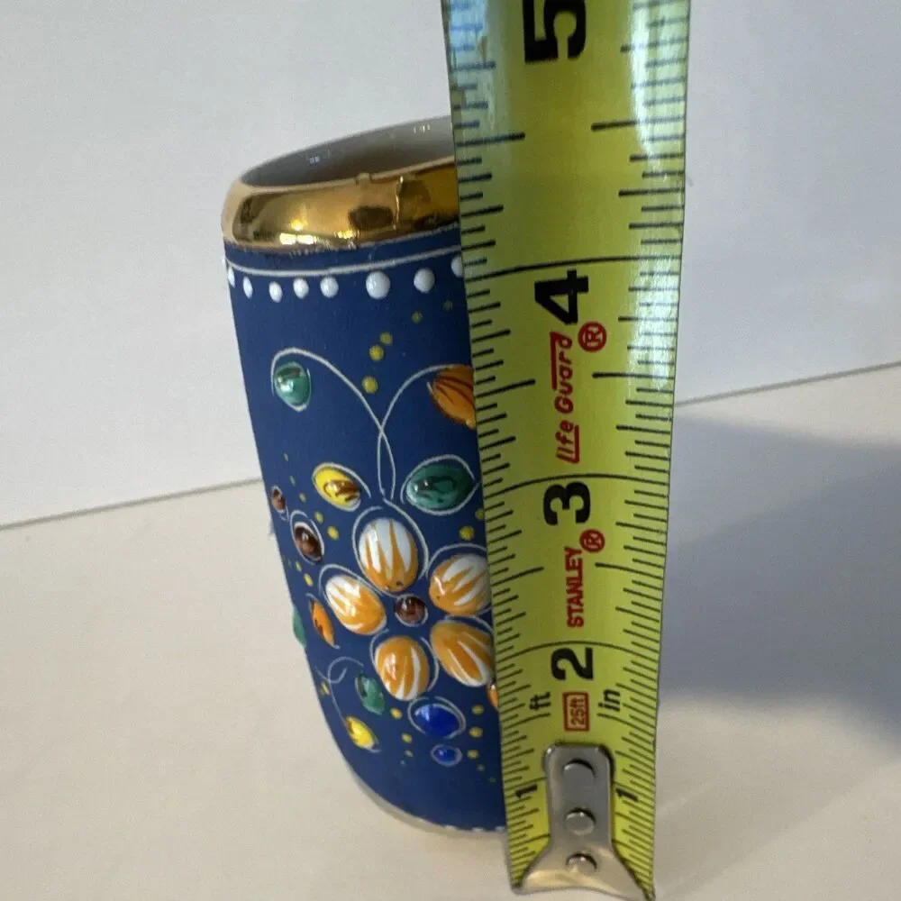 Hand Painted AVA Alcobaca Portugal Floral Blue & Gold Ceramic Vase 4.5 in